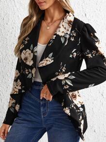 SHEIN Clasi Shawl Collar Ruffle Trim Asymmetrical Hem Floral Blazer - Black - View 4