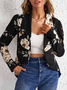 SHEIN Clasi Shawl Collar Ruffle Trim Asymmetrical Hem Floral Blazer - Black - View 5