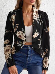 SHEIN Clasi Shawl Collar Ruffle Trim Asymmetrical Hem Floral Blazer - Black - View 6