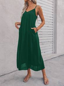 SHEIN LUNE Swiss Dot Slant Pocket Cami Dress - Dark Green - View 1