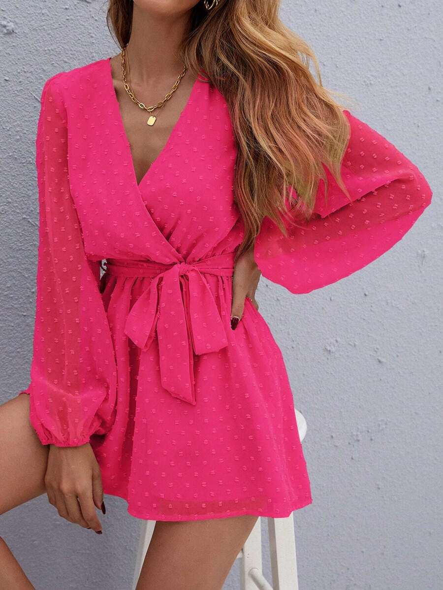 SHEIN LUNE Áo liền quần nữ Thắt lưng Trọn gói màu trơn Giải trí - Màu Hồng Tươi - Xem 1