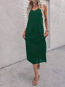 SHEIN LUNE Swiss Dot Slant Pocket Cami Dress - Dark Green - View 5