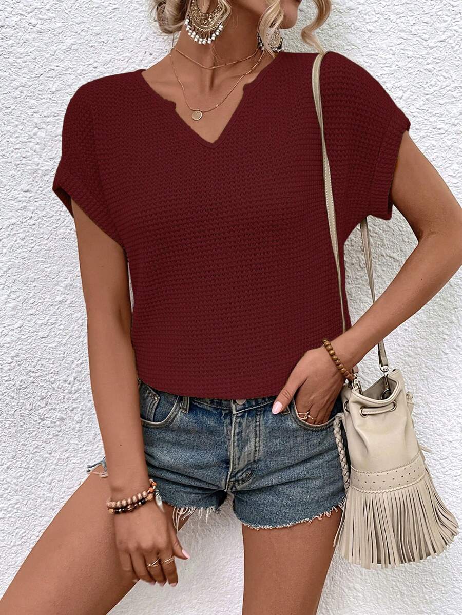 SHEIN LUNE 缺口領蝙蝠袖華夫格編織T恤 - 紫紅色 - 查看 1