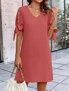 SHEIN LUNE Đầm Thắt nút Ngọc trai Sò điệp màu trơn Giải trí - Bụi hồng - Xem 6
