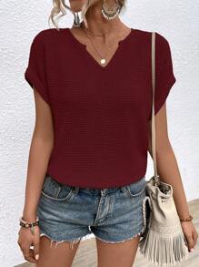 SHEIN LUNE 缺口領蝙蝠袖華夫格編織T恤 - 紫紅色 - 查看 4