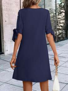 SHEIN LUNE Pearls Beaded Scallop Trim Knot Cuff Dress - Navy Blue - View 2