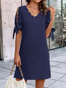 SHEIN LUNE Pearls Beaded Scallop Trim Knot Cuff Dress - Navy Blue - View 3