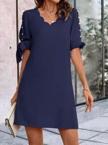 SHEIN LUNE Pearls Beaded Scallop Trim Knot Cuff Dress - Navy Blue - View 4