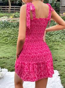 SHEIN VCAY 碎花肩上打結吊帶連衣裙 - 玫紅色 - 查看 2