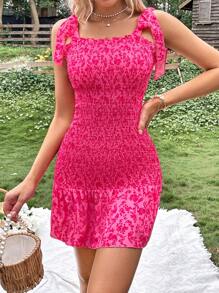 SHEIN VCAY 碎花肩上打結吊帶連衣裙 - 玫紅色 - 查看 3