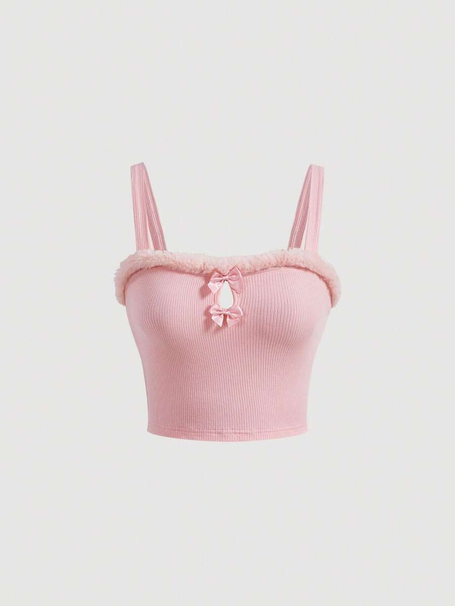 SHEIN MOD Solid Fuzzy Trim Cami Top - Baby Pink - View 1