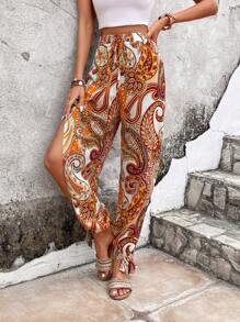 SHEIN LUNE Paisley Print Split Thigh Knot Front Pants - Multicolor - View 1