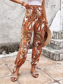 SHEIN LUNE Paisley Print Split Thigh Knot Front Pants - Multicolor - View 5