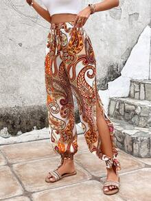 SHEIN LUNE Paisley Print Split Thigh Knot Front Pants - Multicolor - View 6