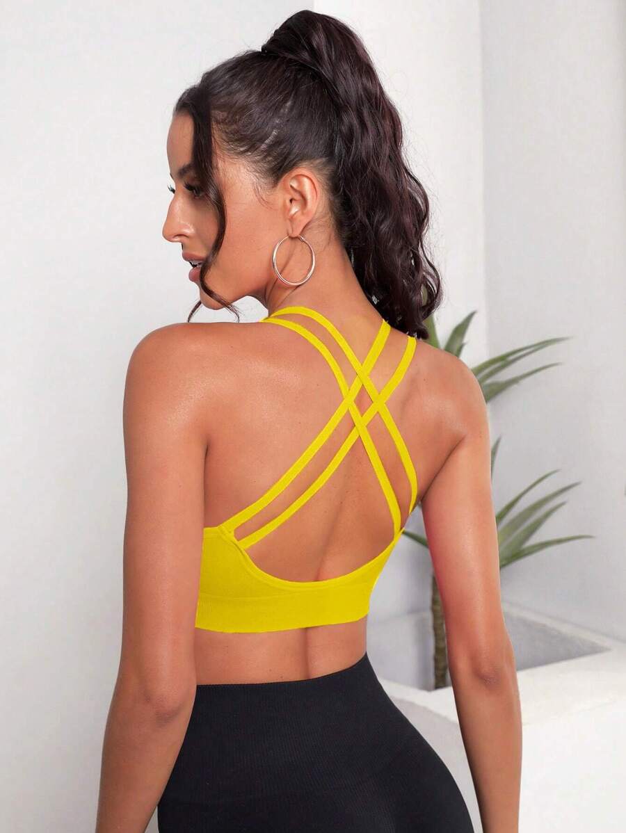 Easithlete Crisscross Backless Sports Bra - Yellow - View 1