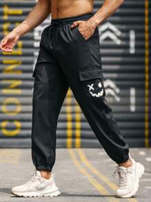 Manfinity Homme Men Expression Print Flap Pocket Drawstring Waist Cargo Trousers - Black - View 4