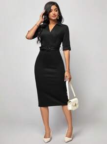 Editum 女士优雅纯色修身通勤连衣裙 - 黑色 - 查看 6