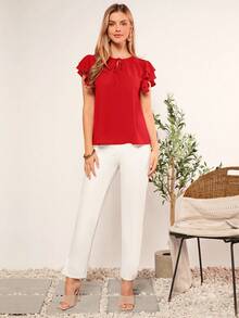 SHEIN Clasi Áo sơ mi nữ Xù phân lớp Thắt nơ trước màu trơn Giải trí - Đỏ - Xem 3