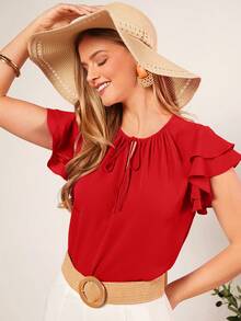 SHEIN Clasi Áo sơ mi nữ Xù phân lớp Thắt nơ trước màu trơn Giải trí - Đỏ - Xem 5