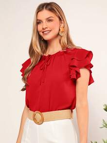 SHEIN Clasi Áo sơ mi nữ Xù phân lớp Thắt nơ trước màu trơn Giải trí - Đỏ - Xem 6