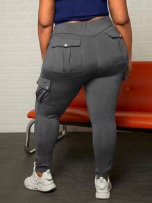 SHEIN CURVE+ Plus Flap Pocket Side Cargo Trousers - Dark Grey - View 2