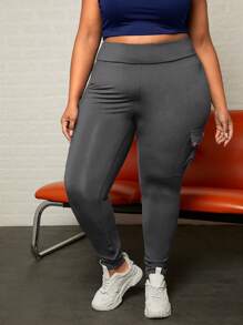 SHEIN CURVE+ Plus Flap Pocket Side Cargo Trousers - Dark Grey - View 4