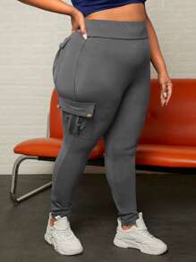 SHEIN CURVE+ Plus Flap Pocket Side Cargo Trousers - Dark Grey - View 7