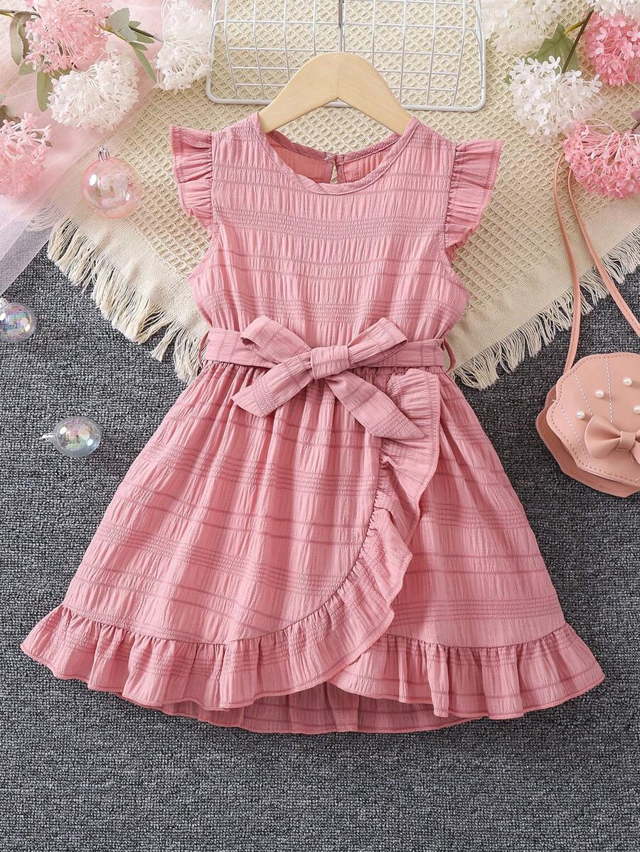 SHEIN Vestido casual de primavera de estilo rosa para niña con mangas con volantes y cintura con cinturón, con un gran volante para añadir elegancia y delicadeza. Adecuado para el verano, actividades al aire libre y diversas ocasiones. - Rosa - Ver 1
