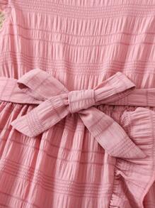 SHEIN Vestido casual de primavera de estilo rosa para niña con mangas con volantes y cintura con cinturón, con un gran volante para añadir elegancia y delicadeza. Adecuado para el verano, actividades al aire libre y diversas ocasiones. - Rosa - Ver 5
