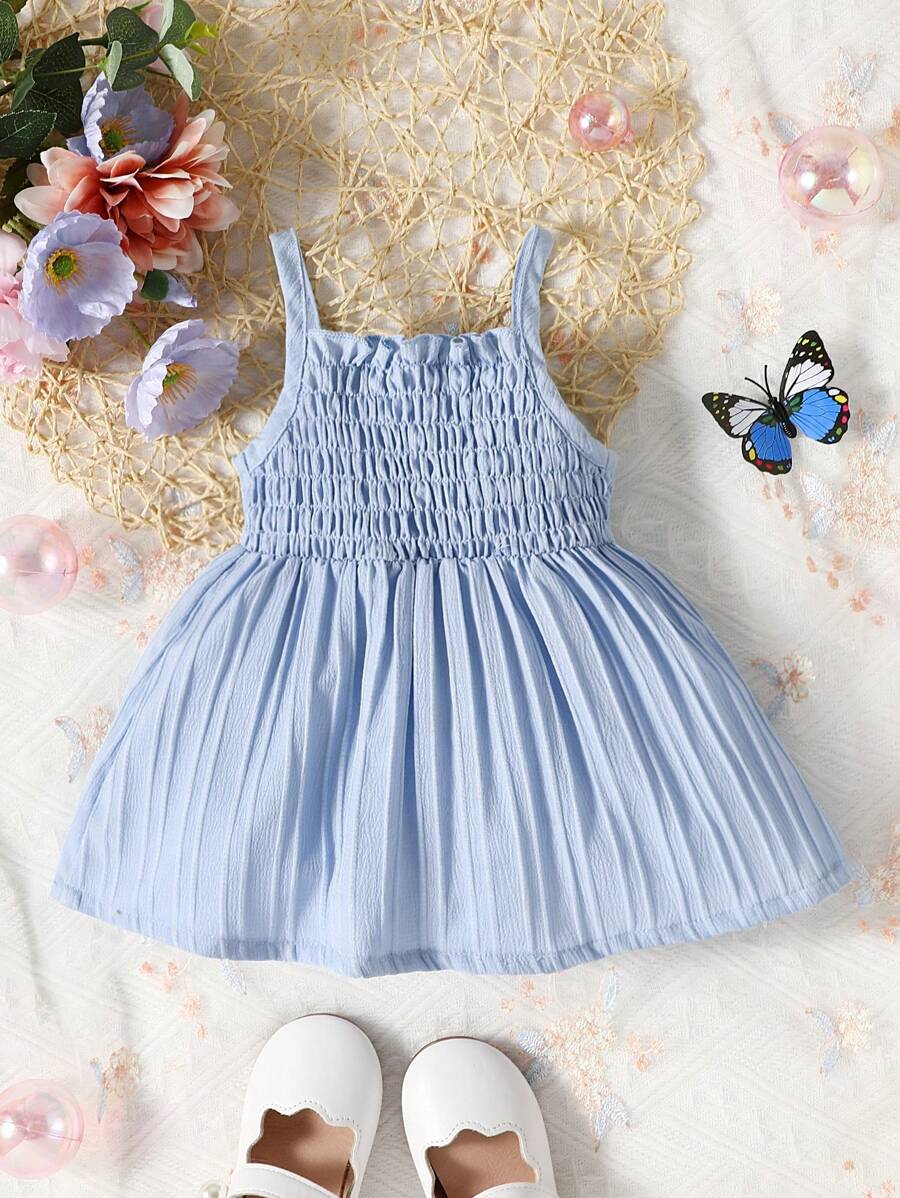 Baby Girl Solid Shirred Frill Trim Cami Dress - Blue - View 1