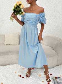 SHEIN Privé 方領泡泡袖前收褶連衣裙 - 藍色 - 查看 4