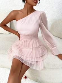 GENKIRA 單肩燈籠袖二層下擺連衣裙 - 淺粉色 - 查看 5