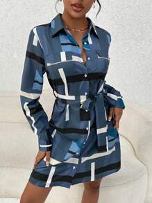 SHEIN Privé Geo Print Belted Shirt Dress - Navy Blue - View 1