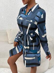 SHEIN Privé Geo Print Belted Shirt Dress - Navy Blue - View 3