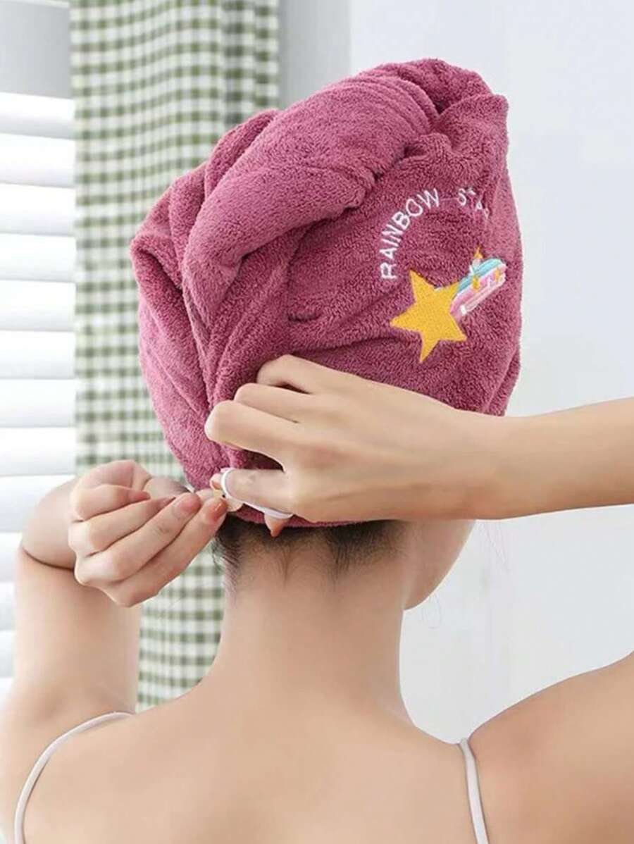 1pc Star & Slogan Embroidered Hair Drying Cap - Purple - View 1