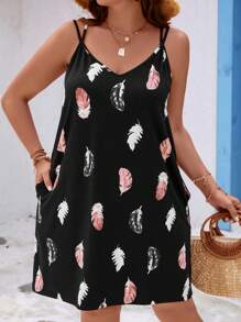 SHEIN LUNE 大碼羽毛印花吊帶洋裝