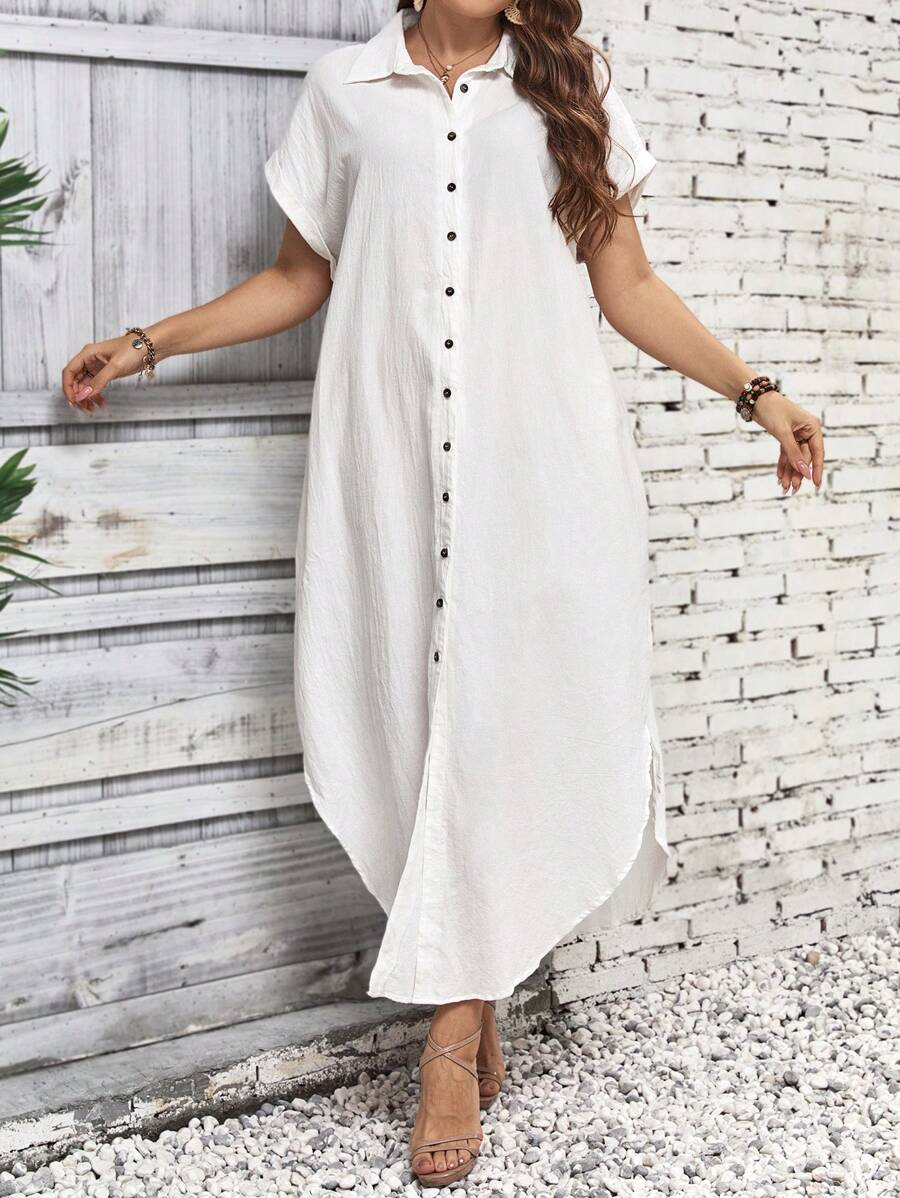 EMERY ROSE 大碼蝙蝠袖弧形下擺襯衫連衣裙 - 白色 - 查看 1