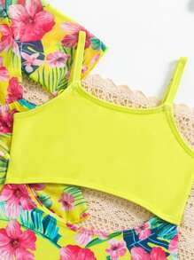 女婴碎花镂空连体泳衣，带和服，女婴游泳服，女婴沙滩装 - 彩色 - 查看 3