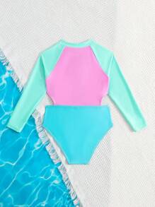 SHEIN 年輕女孩彩色區塊拉鍊前開叉一片式泳衣 - 彩色 - 查看 2