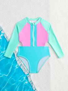 SHEIN 年輕女孩彩色區塊拉鍊前開叉一片式泳衣 - 彩色 - 查看 5