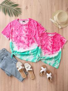 SHEIN Tween Girl 1pc Tie Dye Watermelon Print Tee - Multicolor - View 2