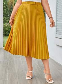 SHEIN LUNE Plus Solid Pleated Skirt - Mustard Yellow - View 4