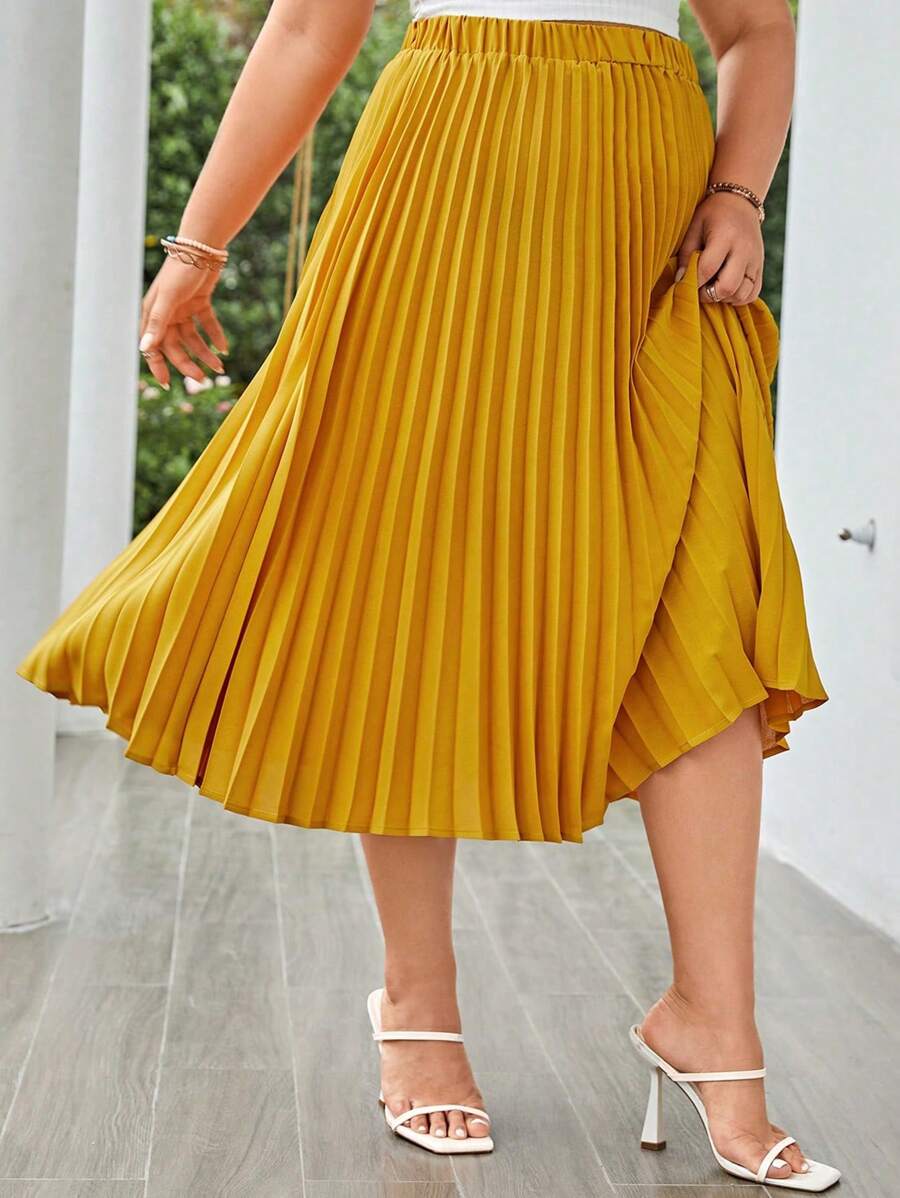 SHEIN LUNE Plus Solid Pleated Skirt - Mustard Yellow - View 1