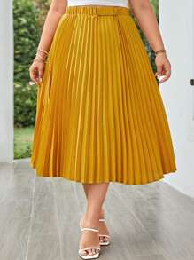 SHEIN LUNE Plus Solid Pleated Skirt - Mustard Yellow - View 5