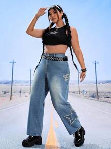 SHEIN ICON Quần Denim kích thước lớn Túi Nút Dây kéo màu trơn - Rửa trung bình - Xem 3