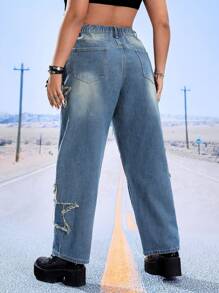 SHEIN ICON Quần Denim kích thước lớn Túi Nút Dây kéo màu trơn - Rửa trung bình - Xem 2