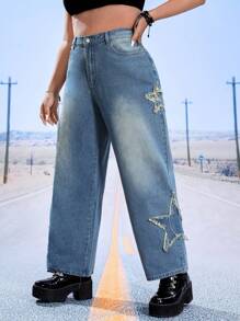 SHEIN ICON Quần Denim kích thước lớn Túi Nút Dây kéo màu trơn - Rửa trung bình - Xem 1