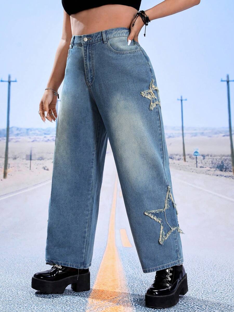 SHEIN ICON Quần Denim kích thước lớn Túi Nút Dây kéo màu trơn - Rửa trung bình - Xem 1