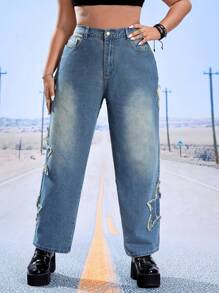 SHEIN ICON Quần Denim kích thước lớn Túi Nút Dây kéo màu trơn - Rửa trung bình - Xem 4