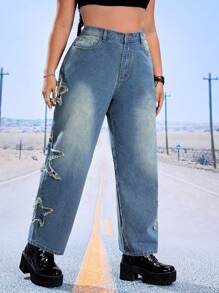 SHEIN ICON Quần Denim kích thước lớn Túi Nút Dây kéo màu trơn - Rửa trung bình - Xem 5